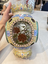 A very rare pair of Chinese Canton enamel lanterns with reverse painted glass panels, Qianlong