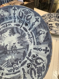 Three blue and white Dutch Delft chinoiserie dishes, late 17th C.