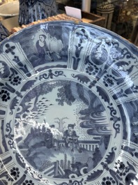 Three blue and white Dutch Delft chinoiserie dishes, late 17th C.