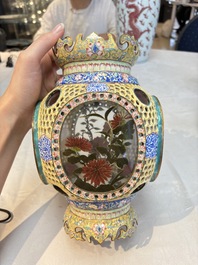 A very rare pair of Chinese Canton enamel lanterns with reverse painted glass panels, Qianlong
