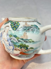 A rare Chinese famille rose teapot with an erotic depiction of a European lady, Yongzheng
