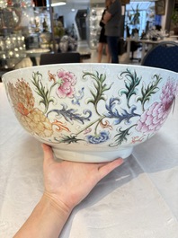 An unusual Chinese famille rose punch bowl with floral relief design, Qianlong