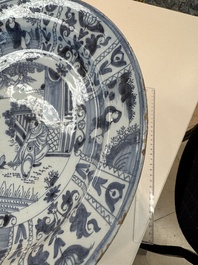 Three blue and white Dutch Delft chinoiserie dishes, late 17th C.