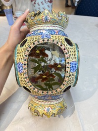 A very rare pair of Chinese Canton enamel lanterns with reverse painted glass panels, Qianlong