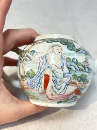 A rare Chinese famille rose teapot with an erotic depiction of a European lady, Yongzheng