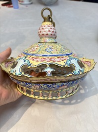 A very rare pair of Chinese Canton enamel lanterns with reverse painted glass panels, Qianlong