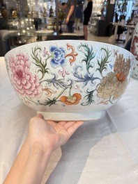An unusual Chinese famille rose punch bowl with floral relief design, Qianlong