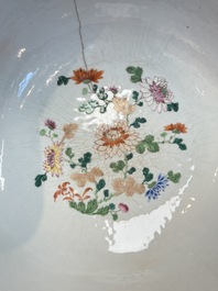 An unusual Chinese famille rose punch bowl with floral relief design, Qianlong