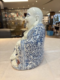 A large Chinese blue, white and copper-red Milefo Buddha, Zhu Mao Ji 朱茂記造 mark, 20th C.