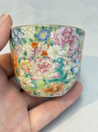 A pair of Chinese famille rose 'millefleurs' cups with a presentation box, Jiaqing mark, Republic