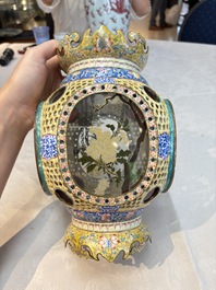 A very rare pair of Chinese Canton enamel lanterns with reverse painted glass panels, Qianlong
