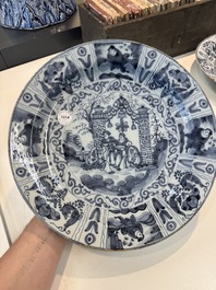 Three blue and white Dutch Delft chinoiserie dishes, late 17th C.