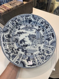 Three blue and white Dutch Delft chinoiserie dishes, late 17th C.