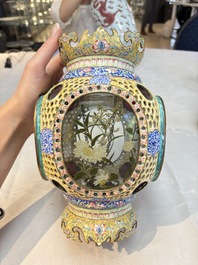 A very rare pair of Chinese Canton enamel lanterns with reverse painted glass panels, Qianlong