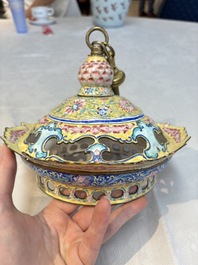 A very rare pair of Chinese Canton enamel lanterns with reverse painted glass panels, Qianlong