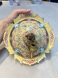 A very rare pair of Chinese Canton enamel lanterns with reverse painted glass panels, Qianlong