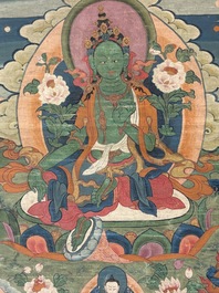 A Tibetan thangka depicting Green Tara, 19th C.