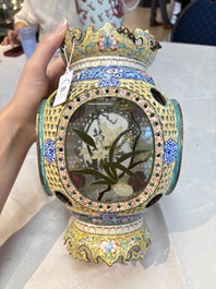 A very rare pair of Chinese Canton enamel lanterns with reverse painted glass panels, Qianlong