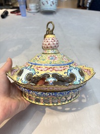 A very rare pair of Chinese Canton enamel lanterns with reverse painted glass panels, Qianlong