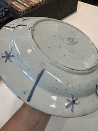 Three blue and white Dutch Delft chinoiserie dishes, late 17th C.
