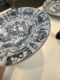 Three blue and white Dutch Delft chinoiserie dishes, late 17th C.