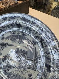 Three blue and white Dutch Delft chinoiserie dishes, late 17th C.