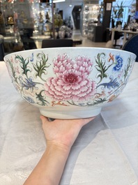 An unusual Chinese famille rose punch bowl with floral relief design, Qianlong