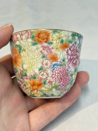 A pair of Chinese famille rose 'millefleurs' cups with a presentation box, Jiaqing mark, Republic