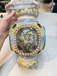 A very rare pair of Chinese Canton enamel lanterns with reverse painted glass panels, Qianlong
