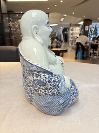 A large Chinese blue, white and copper-red Milefo Buddha, Zhu Mao Ji 朱茂記造 mark, 20th C.