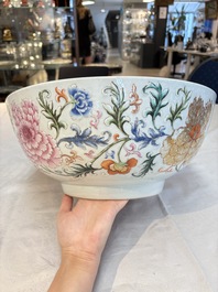 An unusual Chinese famille rose punch bowl with floral relief design, Qianlong