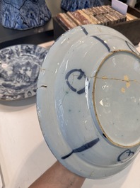 Three blue and white Dutch Delft chinoiserie dishes, late 17th C.