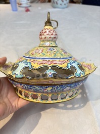 A very rare pair of Chinese Canton enamel lanterns with reverse painted glass panels, Qianlong