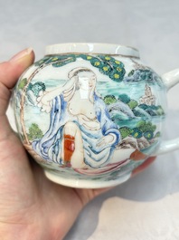 A rare Chinese famille rose teapot with an erotic depiction of a European lady, Yongzheng