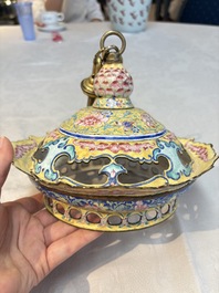 A very rare pair of Chinese Canton enamel lanterns with reverse painted glass panels, Qianlong