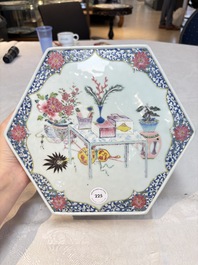 A Chinese famille rose hexagonal stand with antiquities, Yongzheng/Qianlong