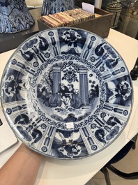 Three blue and white Dutch Delft chinoiserie dishes, late 17th C.