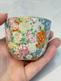 A pair of Chinese famille rose 'millefleurs' cups with a presentation box, Jiaqing mark, Republic