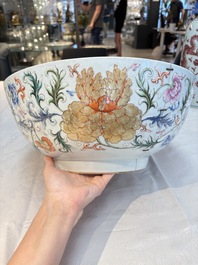 An unusual Chinese famille rose punch bowl with floral relief design, Qianlong