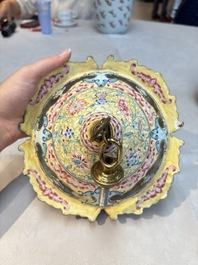A very rare pair of Chinese Canton enamel lanterns with reverse painted glass panels, Qianlong