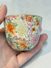 A pair of Chinese famille rose 'millefleurs' cups with a presentation box, Jiaqing mark, Republic