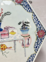 A Chinese famille rose hexagonal stand with antiquities, Yongzheng/Qianlong