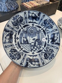 Three blue and white Dutch Delft chinoiserie dishes, late 17th C.