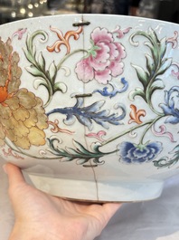 An unusual Chinese famille rose punch bowl with floral relief design, Qianlong