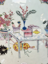 A Chinese famille rose hexagonal stand with antiquities, Yongzheng/Qianlong