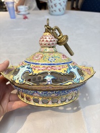 A very rare pair of Chinese Canton enamel lanterns with reverse painted glass panels, Qianlong