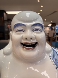 A large Chinese blue, white and copper-red Milefo Buddha, Zhu Mao Ji 朱茂記造 mark, 20th C.