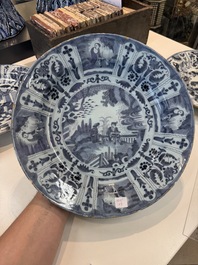 Three blue and white Dutch Delft chinoiserie dishes, late 17th C.