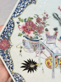 A Chinese famille rose hexagonal stand with antiquities, Yongzheng/Qianlong