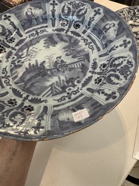 Three blue and white Dutch Delft chinoiserie dishes, late 17th C.